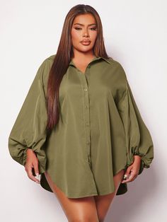 SHEIN SXY Plus Lantern Sleeve Curved Hem Shirt Crepe Dresses, Shirt Gown, Lounge Dresses, Curved Hem Shirt, Spring Trends Outfits, 2piece Outfits, Chic And Curvy, Shirt Dress Outfit, Plus Size Gowns