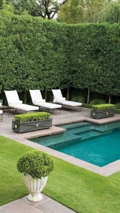 an outdoor swimming pool with lounge chairs and trees in the backround, surrounded by grass