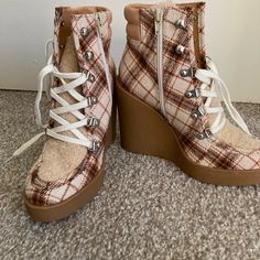 Jessica Simpson Plaid Wedge Boots. Lace Up With Fuzzy Front. Pink/Tan Plaid. Unworn. Size 6m Pink Wedge Sneakers With Round Toe Platform, Casual Chunky Platform Wedge Boots For Spring, Casual High Heel Platform Wedge Boots, Trendy Wedge Boots With Chunky Platform, Casual Synthetic High Heel Wedge Boots, Spring Chunky Platform Wedge Boots, Casual Chunky Platform Wedge Boots, Pink Wedge Sneakers, Casual High Heel Wedge Boots With Reinforced Heel