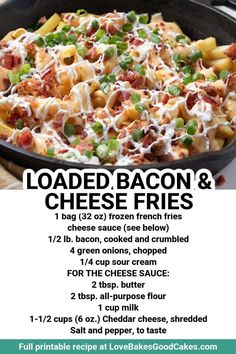 loaded bacon and cheese fries recipe in a skillet with text overlay that reads loaded bacon and cheese fries