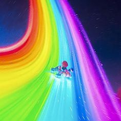 a person riding a snowboard down a rainbow colored hill in the sky with stars