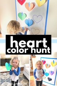 the heart color hunt is an easy activity for toddlers to do with paper hearts