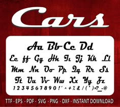 the font and numbers for cars are displayed on a red background with white letters that spell out