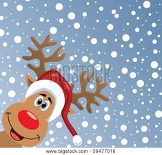 a reindeer with a red nose and santa's hat on is in the snow