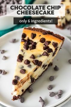 a slice of chocolate chip cheesecake on a plate