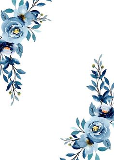 watercolor blue flowers and green leaves on a white background