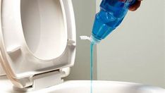 a person is pouring water into a toilet bowl with the lid up and there is a blue plastic bottle in front of it