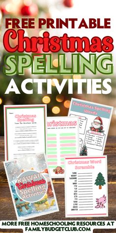 christmas spelling activities for kids and adults with text overlay that reads free printable christmas spelling activities