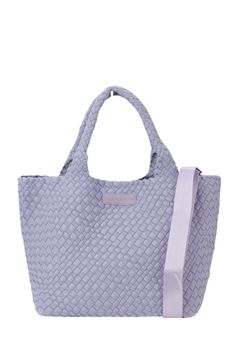 Classic Woven Tote Color: Lilac Comes with a matching pouch and detachable strap Dimensions: Expanded: 18" x 9" x 8" 6" handle drop Wristlet pouch: 7.5" x 9.5" Parker & Hyde Purple Bags With Adjustable Handle For Daily Use, Purple Bag With Adjustable Handle For Daily Use, Daily Use Purple Bag With Adjustable Handle, Purple Top Handle Shoulder Bag With Leather Handles, Purple Travel Bag With Adjustable Handle, Purple Spring Bag With Adjustable Strap, Purple Leather-handled Crossbody Bag, Purple Top Handle Bag With Leather Handles, Purple Bags With Adjustable Strap For Spring