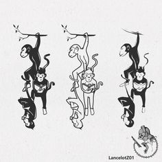 an image of monkeys doing different things in the air with their tails hanging from them