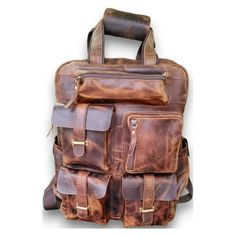 Material: Buffalo Hide Inner lining : Polyester Lining. Dimensions : 17 Inches (Height) X 12 Inches (Width) X 5 Inches (Depth). Hardware : Brass polished buckle  The Backpack is crafted out of the premium quality of Buff leather.  The backpack has five pockets in front, one of them has zipper and rest has brass buckles.  The leather bag has two compartments; one of them is well padded for Laptop. The bag also has a small pocket, card and pen holder section on the inside.  The bag has two zipper Casual Outdoor Laptop Bag, Durable Backpack For Daily Use, Pocket Card, Brass Buckle, Hiking Backpack, Men's Backpack, Pen Holder, Pen Holders, Cloth Bags