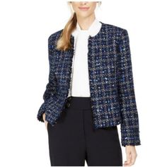 Calvin Klein Petite Tweed Open-Front Jacket Blue 12p Nwt! $139 Layer With Ease When You Wear This Petite Jacket From Calvin Klein. Styled With An Open Front, This Tweed Collarless Piece Is Finished With Frayed Edges Approx. 19" Long Collarless; Open Front Frayed Edges; No Pockets; Shoulder Pads Rayon/Spandex Dry Clean Imported Color: Navy Style: T9dj8202 Condition: Brand New With Original Retail Tags. Retail: $139 Plaid Suit Jacket, Stylish Petite, Womens Tweed, Blue Tweed, Plaid Suit, Open Front Jacket, Petite Jacket, Calvin Klein Woman, Klein Blue