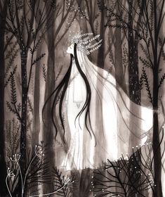 a drawing of a woman walking through the woods