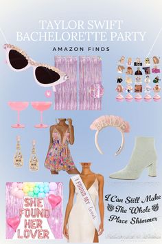 an advertisement for the bachelor party with pink and white accessories, including shoes, bras,