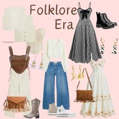 a collage of clothes and accessories with the words folklore era written below it