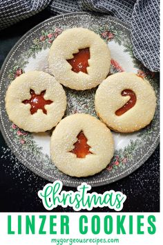 4 linzer cookies on a plate. Linzer Cookies Recipe No Almonds, Christmas Baking Cookies, Cookies Soft, Jam Cookies, Filled Cookies