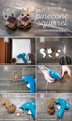 how to make pinecone squirrels out of paper and wood with this step - by - step instructions