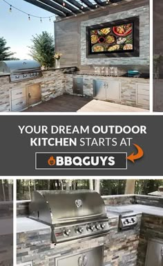 an outdoor kitchen with bbq guys and grills