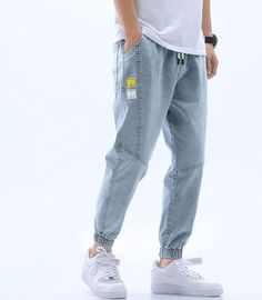 Y2k Fashion Street Styles, Harem Jeans, Denim Jogger Pants, Denim Pants Mens, Casual Trends, Biker Jeans, Men Trousers, Patchwork Jeans, Denim Joggers