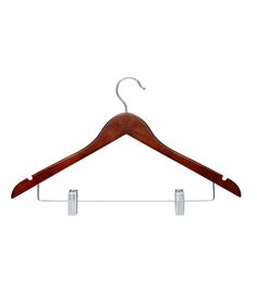 a wooden hanger with two clips on it