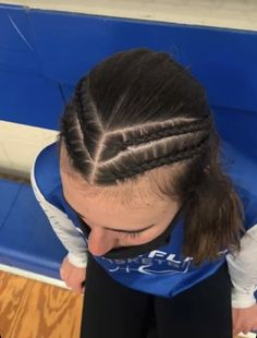 Softball Cornrows, Sport Braids, Middle Part Cornrows, Lax Hairstyles, Gymnastics Hairstyle, Meet Hairstyles, Lacrosse Hair