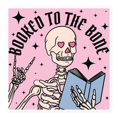 a skeleton reading a book with the words rock to the bone on it's back