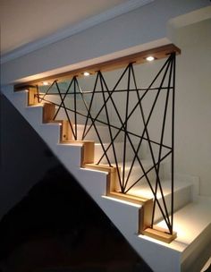 a stair case with some lights on it