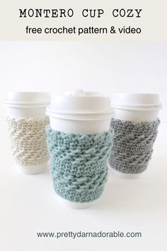 crochet coffee cup cozy pattern with text overlay