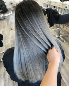 Pewter and silver balayage for straight black Asian hair Long Grey Hair, Balayage Styles, Best Balayage, Balayage Hair Grey, Balayage Straight, Balayage Straight Hair, Blonde Ombre Balayage, Black Hair Balayage, Jamie Chung