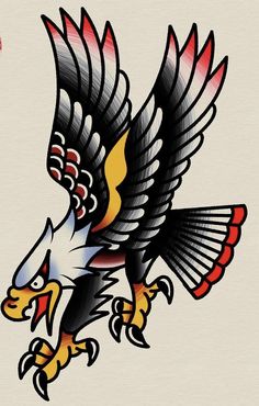 an eagle with red, white and yellow wings is flying in the air on a beige background