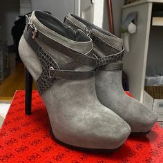 Brand New! Never Worn! Perfectly Clean Sole And Exterior Suede With The Original Box. Heel Height: Roughly 5” Size: 7.5m Color: Grey & Black Guess Heels, Guess Shoes, Shoes Women Heels, Black Gray, The Original, Original Box, Heel Height, Black And Grey, Shoes Heels