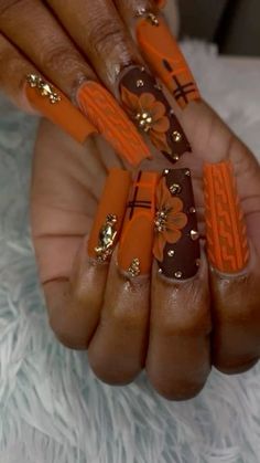 #fallnails #fallnailtrends Fall Nails With Burgundy, Orange Inspo Nails, October Acrylic Nail Designs, Xxl Fall Nails, Fall Press On Nail Designs, Pumpkin Spice Nail Designs, Long Fall Nail Designs, Fall Themed Nails Acrylic, Autumn Nail Ideas Fall