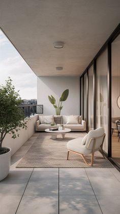 a living room with couches, chairs and a potted plant