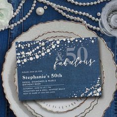 A modern, elegant and classy 50th birthday party invitation template for women with a 50 and fabulous theme featuring a denim background, strings of pearls and diamonds (these are digital effect) and modern typography in pearl white. A chic "diamonds and pearls" design for a woman turning fifty, on her fiftieth birthday that combines another trendy theme: denim and diamonds. A lovely choice for a woman who likes denim, diamonds, pearls, glam and glitz, country western and unpretentious elegance. Denim Diamonds And Pearls Party Ideas, Denim And Pearls Party Ideas, Denim Diamonds Theme Party, Denim And Diamonds Party Decorations, Pearl Themed Party, Speakeasy Ideas, Denim And Diamonds Party, Diamond Theme Party, Diamonds And Denim Party