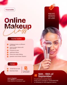 a woman holding a brush in front of her face with the words online makeup class on it