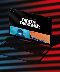 a laptop computer sitting on top of a red and blue background with the words digital designer above it