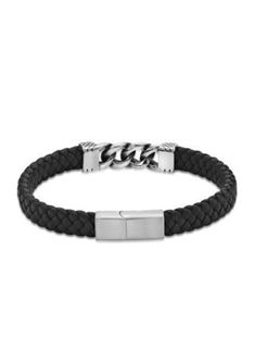 Step up your accessory game with this bold and edgy Braided Leather and Stainless Steel Curb Bracelet. Designed for the modern man, this 8.5-inch bracelet is perfect for adding an extra dose of style to any outfit. Crafted with genuine leather and stainless steel, this bracelet exudes strength and durability. The black ion plating adds a sleek and mysterious touch, while the magnetic closure ensures a secure fit. Elevate your look with this magnetic charm and make a statement wherever you go. Do Modern Black Bracelet For Everyday Use, Modern Black Bracelet For Everyday, Modern Black Bracelet, Black Rectangular Leather Jewelry, Black Leather Rectangular Jewelry, Modern Black Rectangular Leather Bracelet, Trendy Black Bracelets For Everyday Use, Braided Leather, Modern Man