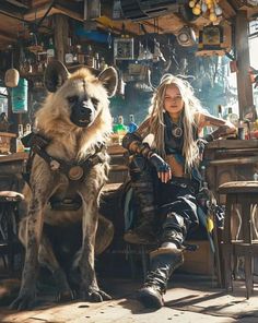 a woman sitting next to a hyena in front of a table with chairs