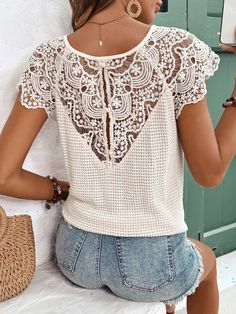 Albaricoque Casual Collar manga corta Tela tejida Liso  Embellished Estiramiento medio Summer Knit Tops, Romantic Floral Print, Sleepwear Sets, Summer Knitting, Summer Cotton, Long Sleeve Casual, All Fashion, Women Clothes Sale, Summer Women