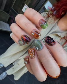 NAILMAMKA | 1 or 2? | Instagram Green Nails Autumn, Fall Nail Designs Brown, Autumn Almond Nails, Brown And Green Nails, Fall Gel Nail Colors, Almond Nails Designs Fall, Fall Nail Art Autumn, Jelly Gel Nails, Simple Fall Nails Autumn