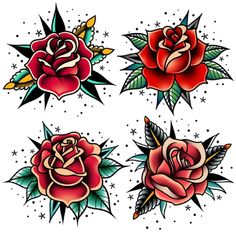 Old School Tattoo Roses Fabric Panel - White - ineedfabric.com Old School Tattoo Rose, American Traditional Rose, Old School Rose, Traditional Tattoo Flowers, Art Flash, Kunst Tattoos, Tattoo Old School, Red Rose Tattoo, Traditional Roses