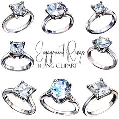 six different engagement rings with diamonds on each one and the words engagement rings 4 png clipart