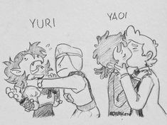 two cartoon characters are hugging each other in front of the words yuri and yao