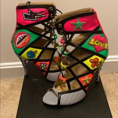 Rare, Never Worn. The Euro Size Is 40 But Fits More Like An 8.5-9us Bold High Heels With Heel Strap, Chic Multicolor Heels With Branded Heel Counter, Multicolor Platform Heels, Multicolor Pointed Toe Sandals With 4-inch Heel, Multicolor Closed Toe Heels With 4-inch Heel, Multicolor 4-inch Heel Closed Toe Heels, Multicolor Synthetic Heels For Evening, Multicolor 4-inch Heels For Evening, Multicolor Closed Toe Heels For Evening