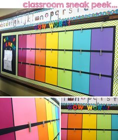 a classroom bulletin board that has been decorated with different colors