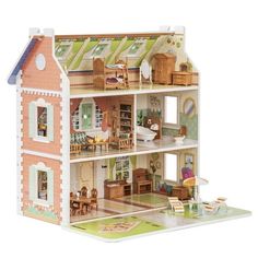 1. Made of MDF and the furnitures are made of high quality plastic. Sturdy, safe and non-toxic, certified by CPC. 2. The windows and doors of the doll house can be opened and closed, very simulated, and the patterns carved on them are also very delicate and beautiful. 3. The roof of the doll house can be folded down and used as a lawn. 4. This doll house has a total of 3 floors, 6 functional areas, dining room, kitchen, living room, bathroom, bedroom and outdoor garden. 5. All kinds of small fur Dollhouse For Boys, Dollhouse Bookcase, Relax Vacation, Blue Roof, Barbie Doll House, Kids Imagination, Green Curtains, Brown Furniture, Pretend Play Toys