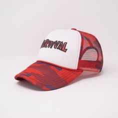 Available in Red & Green "SURVIVAL" Screen-Printed across Front in puff ink Graphic embroidered of right side Red Retro Hats For Baseball Season, Retro Red Hats For Baseball Season, Red Retro Hat For Baseball Season, Red Letter Print Hats For Outdoor, Retro Red Trucker Hat With Letter Print, Red Trucker Hat With Letter Print, Retro Red Baseball Cap For Outdoor, Red Snapback Trucker Hat For Outdoor, Summer Red Baseball Cap With Letter Print