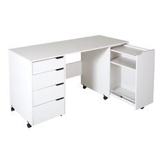 a white desk with three drawers on it