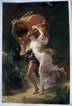 an image of a painting of a man carrying a woman on his back in the woods