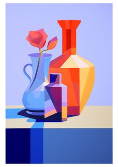 an abstract painting of vases and a rose on a blue table top with water